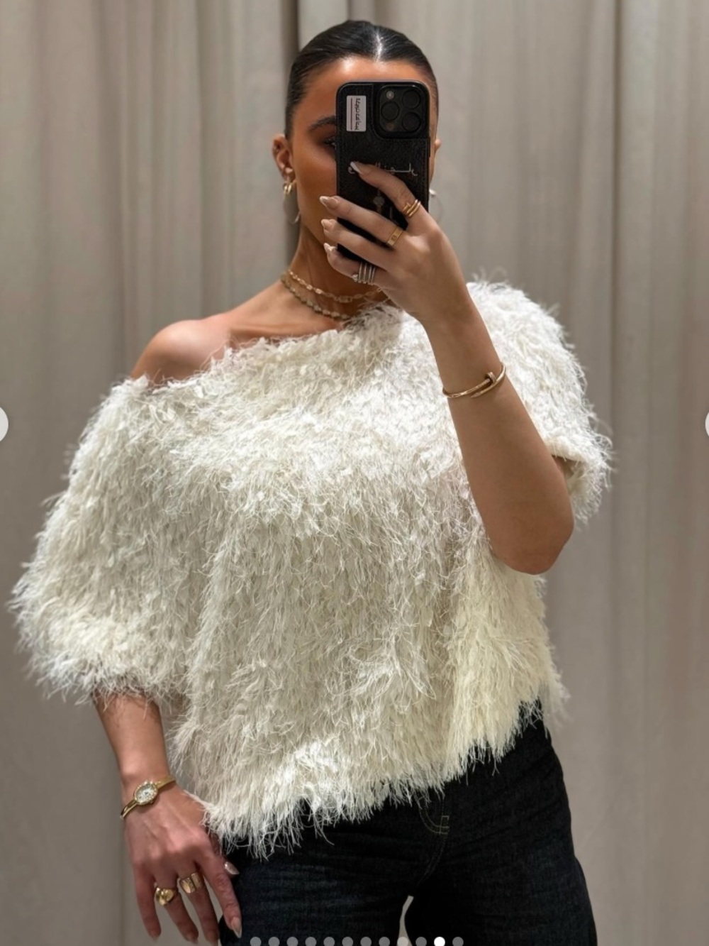 Zara Fringe Knit Top Off White Medium